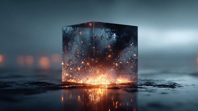 Glowing crystal cube with fiery core isolated on white background