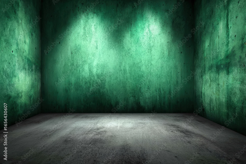 Poster empty room with textured green walls and a concrete floor illuminated by three overhead lights, crea
