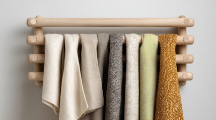 Soft and Textured Fabrics Hanging on a Wooden Rack in Cozy Interior Setting for Stylish Home Decor Inspiration