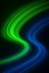 Abstract 3D curved neon light trails in vibrant green and deep blue against a black background.