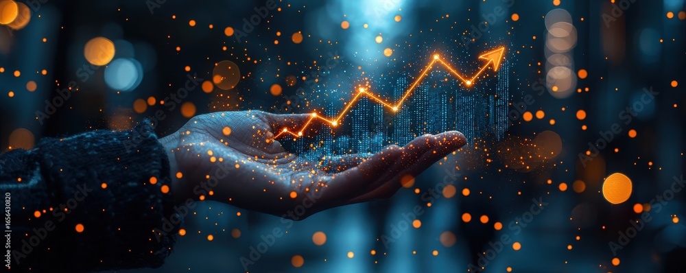 Poster hand pointing at analytics graph on futuristic graphical blue background