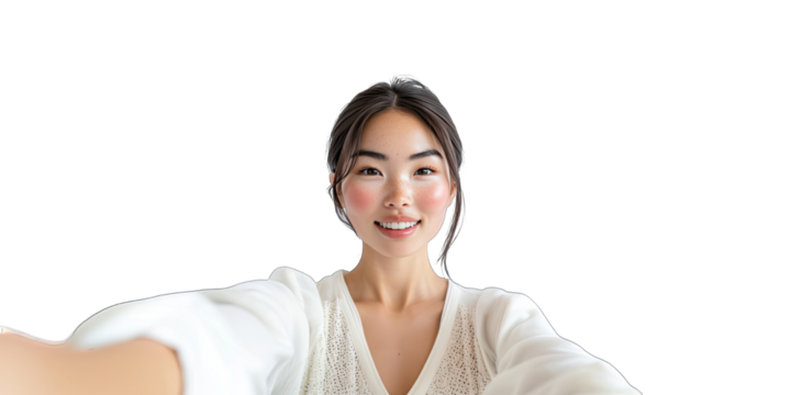 A woman with a white shirt and a smile on her face