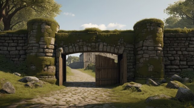 Ancient Stone Gate Opens to a Cobblestone Path and Distant Castle