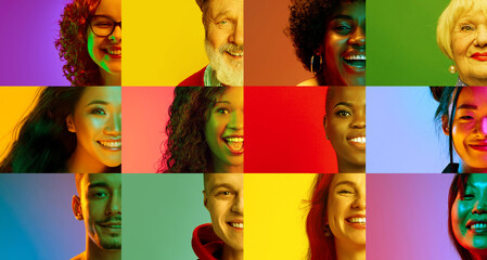 Vibrant collage of diverse happy faces on colorful backgrounds. Concept of unity, inclusivity, joy,...