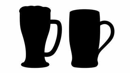 Two beer glasses with handles in black silhouette on a white background side by side illustration