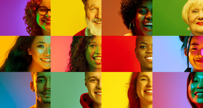 Vibrant collage of diverse happy faces on colorful backgrounds. Concept of unity, inclusivity, joy, multicultural community, and positive emotions for branding and social campaigns.