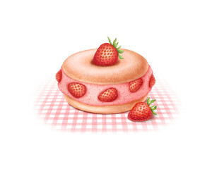 Strawberry cheesecake stuffed donut Retro dessert Red pink vintage baking Watercolor illustration