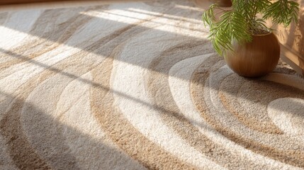 Soft Cream and Brown Area Rug with Beautiful Patterns in Bright Sunlight and Indoor Plant Decor