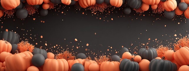Abstract Halloween art featuring floating pumpkins and decorative elements in a vibrant, spooky arrangement