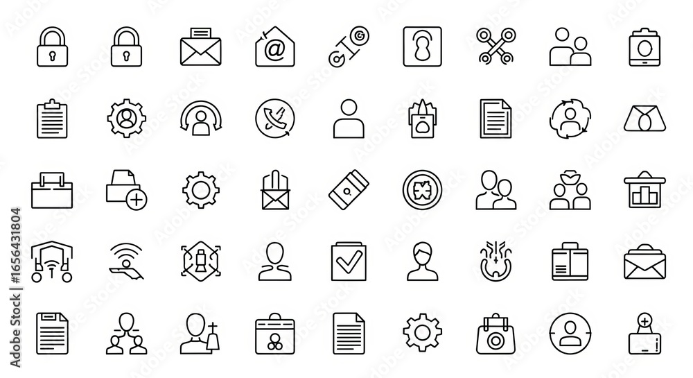 Poster a collection of modern, clean line icons representing various digital and business concepts.