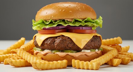 Burger with fries on white surface