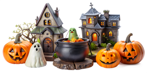 set of decorative halloween objects: cauldron, ghost, witch house castle, pumpkin, tombstone isolated on white background ,PNG.AI Generated.