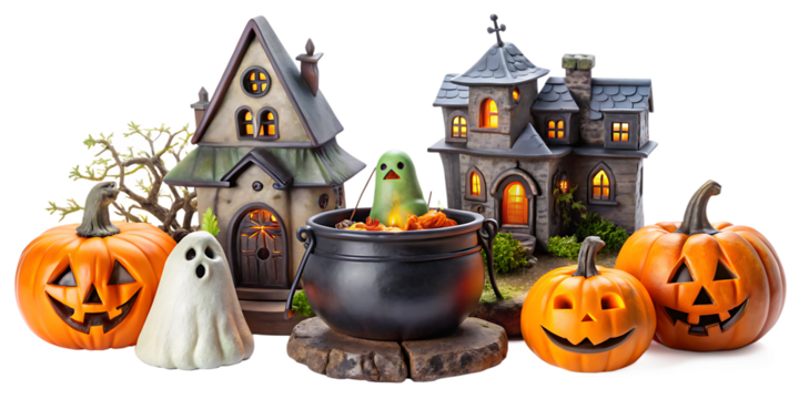 set of decorative halloween objects: cauldron, ghost, witch house castle, pumpkin, tombstone isolated on white background ,PNG.AI Generated.