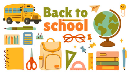 School Supplies Collection with Backpack, Books, Globe, Pencils, Markers, School Bus, and Educational Tools for Kids in Modern Flat Vector Style