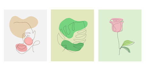 Minimal one Line Art Design of a Beautiful Face , Green leaf and a Red Flower