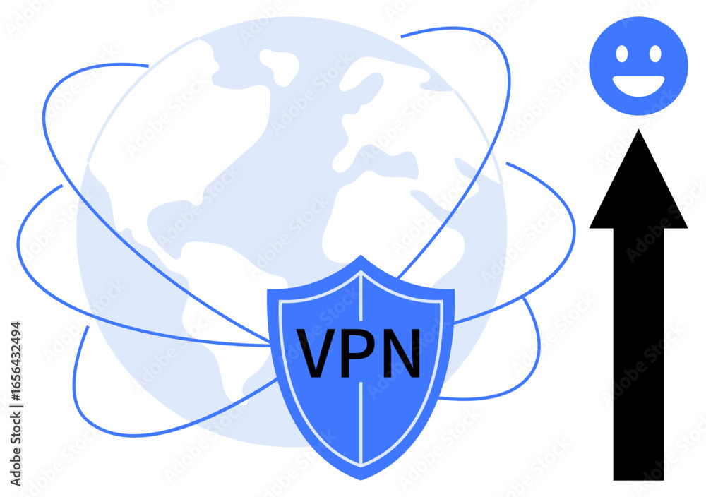 Poster globe with rotating connections and vpn shield highlights enhanced security and privacy. smiling fac