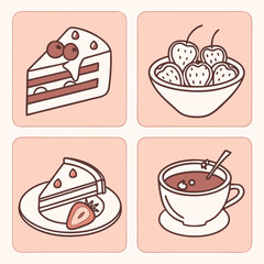 Sweet treats collection featuring cake slices bowl of strawberries and cup of hot chocolate