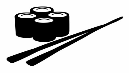 Black and white illustration of four sushi rolls with a pair of chopsticks diagonally across them on white