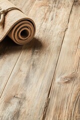 Fototapeta premium Rolled Mat Resting On Wooden Surface For Health And Exercise. Wellness Equipment For Fitness And Training Session. Light Brown Colors.