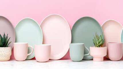 Aesthetic arrangement of pastel-colored plates and cups, complemented by a potted plant, ideal for home decor, kitchenware promotion, or lifestyle blogs, This vibrant setup brings warmth and charm,