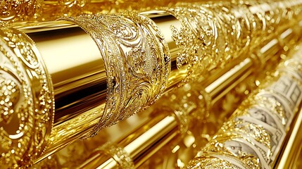 85mm daylight shot, smooth golden foil cylinder dominating frame with paper currency fully hidden