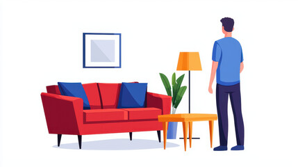 Man stands modern living room, gazing stylish red sofa with blue cushions, wooden coffee table, and floor lamp. decor is minimalistic and inviting