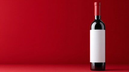 Elegant wine bottle mockup featuring a blank label against a deep red backdrop, showcasing a minimalist design with a clean aesthetic and ample free space for branding.