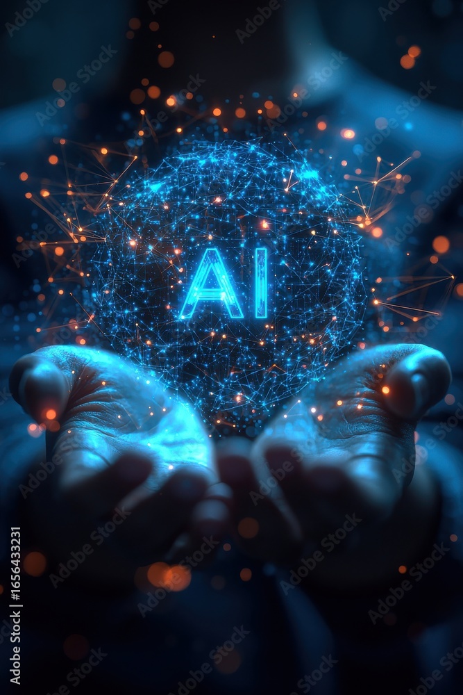 Poster hands holding glowing ai icon surrounded by dynamic digital elements