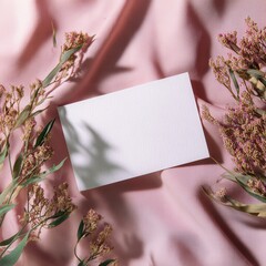 Soft Pink Fabric Background with White Blank Card Surrounded by Dried Flowers and Natural Elements