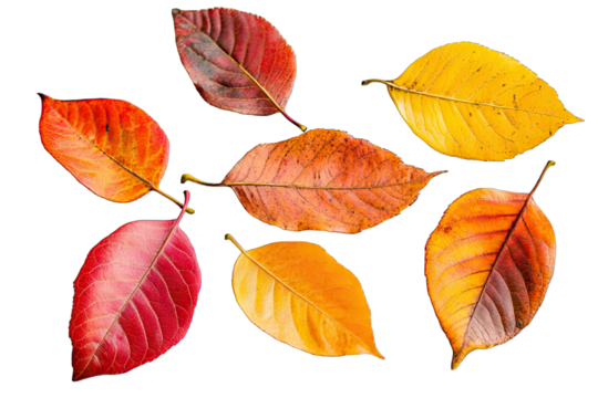 A collection of autumn leaves are spread out on a white background