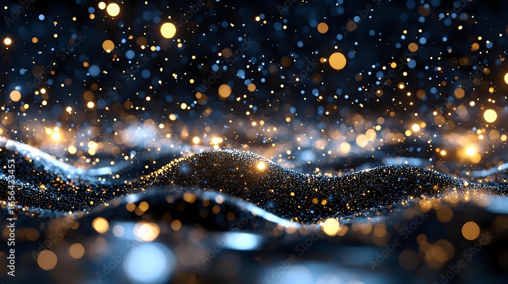 Poster magical glowing bokeh lights and sparkles creating abstract waves against dark background, festive h
