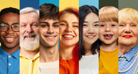 Natural portrait lineup of diverse people with joyful expressions. Concept of inclusivity, real...