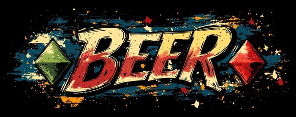 Vintage styled beer text with colorful artistic splatter design and diamond accents