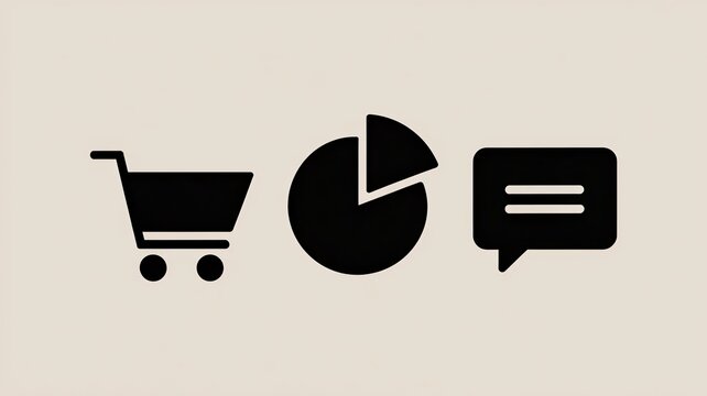 Icons of a shopping cart, pie chart, and speech bubble in black color
