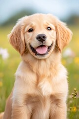 Obraz premium Golden retriever puppy smiling in a field of flowers