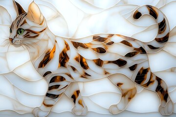Artistic Bengal cat silhouette with striped pattern in brown and beige tones against abstract white curved background, modern decorative style for wall art.