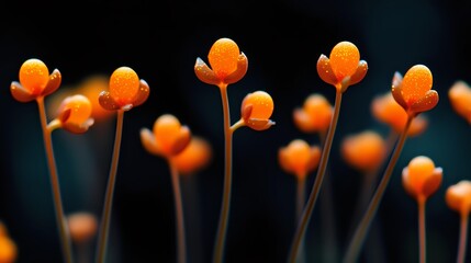 Vibrant orange wildflowers with round bulbous heads on long delicate stems against dark background create dramatic natural macro photography composition.