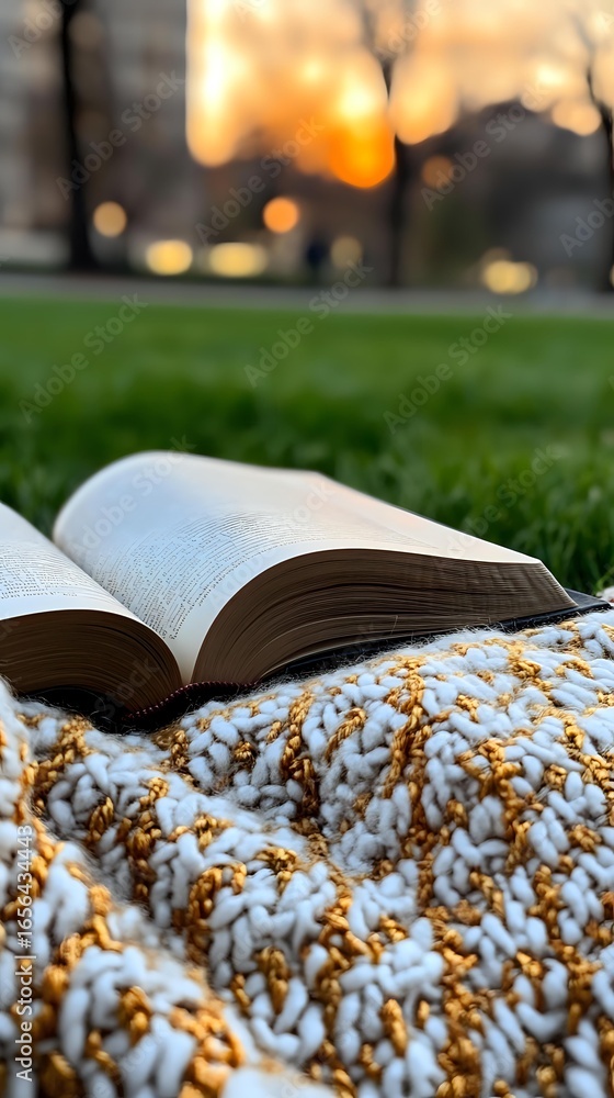 Poster open book lying on knitted blanket with diamond pattern against green grass at sunset, creating cozy