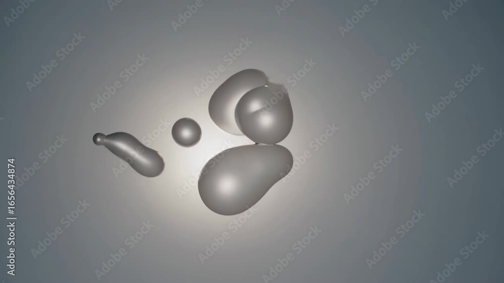 Poster abstract animation of smooth, glossy shapes transforming and moving in a neutral space, creating a s