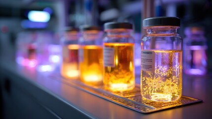 Medium shot focusing on glowing culture flasks containing engineered E. coli Nissle inside a shaking incubator lab equipment blurred behind emphasizing metabolic disorder treatment