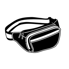 Graphic illustration of a fanny pack bag with a strap in black and white