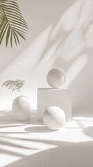 Minimalist Composition with Spheres, Palm Frond, and Shadow Play in Soft Light