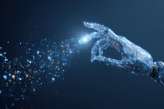 Robot or cyborg arm and hand human. Touch Technological concept. Low poly blue. Polygonal abstract health illustration. Low poly vector illustration of a starry sky or Cosmos