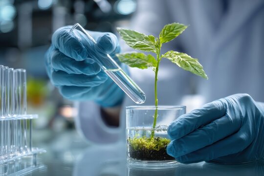 Scientist used biotechnology, ai technology, and dna plant in tube of scientific lab for medical research and Plant genetics development in Food industry. science chemistry in laboratory - Powered by Adobe