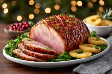 Christmas honey glazed ham with pineapple and kale