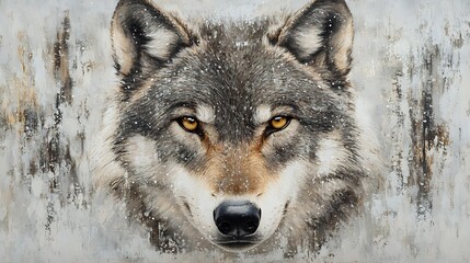 Fototapeta premium Gray wolf portrait with intense amber eyes against textured abstract background, close up view of wild predator face showing detailed fur and distinctive features.