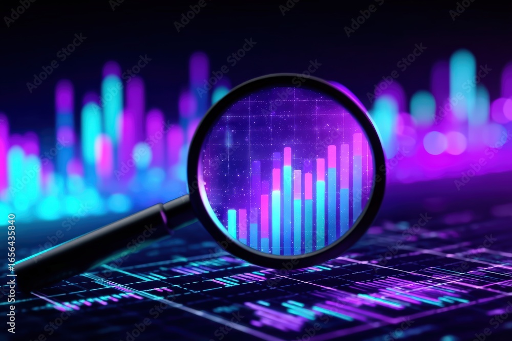 Poster a magnifying glass zooms in on colorful digital bar charts and graphs, symbolizing data analysis and