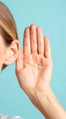 A person listens intently while cupping their hand around their ear to better hear a quiet sound in a calm indoor setting
