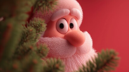 Cartoon Santa Claus face with furry texture, big eyes peeking through pine branches against red background, festive Christmas holiday decoration in close-up view.