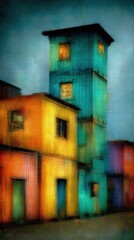 Colorful Urban Scene With Teal Tower And Vibrant Houses